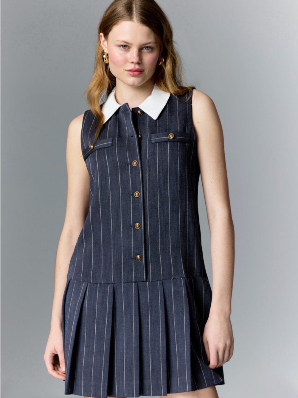 Sandro Navy Pinstripe Sleeveless Mini Dress with White Collar